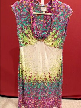 ECI Floral V-Neck Dress in Pink, Teal and Yellow